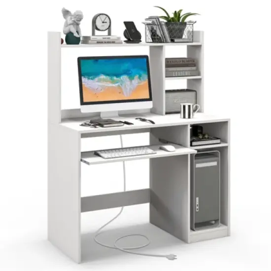Tangkula Computer Desk w/ Charging Station 43.5&rdquo; Gaming Table Workstation w/ Keyboard Tray CPU Stand & Storage Shelves White/Black image {10}