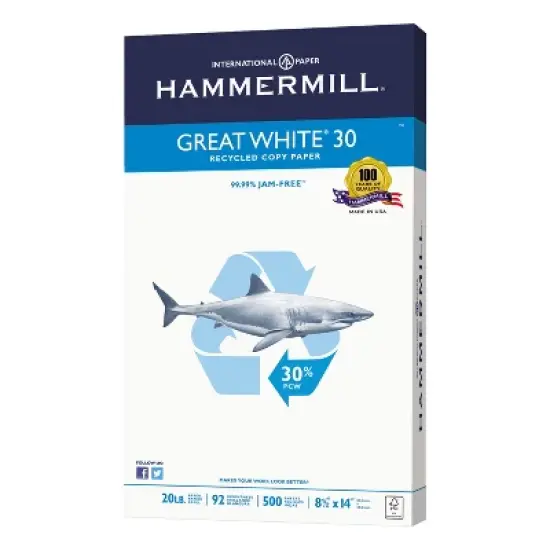 Hammermill Great White Recycled Copy Paper 92 Brightness 20lb 8-1/2 x 14 500 Shts/Ream 86704 image {3}