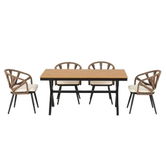 5-Piece Outdoor Dining Set, Rectangular Table with PE Rattan Rope-Woven Chairs & Cushions, Weather-Resistant Patio Furniture - ModernLuxe image {1}
