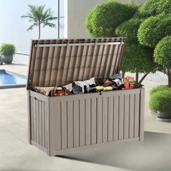 NAYSAYE Deck Box, 150 Gal Outdoor Storage Deck Box, Small Patio Storage Bin for Garden Tools, Brown, 54.25"*26.5"*28.74" image {4}