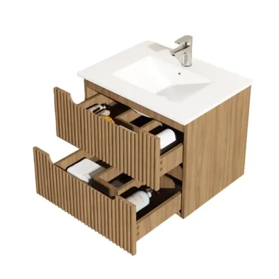 Wooakway 24" Walnut Floating Wall Mounted Bathroom Vanity Cabinet image {4}