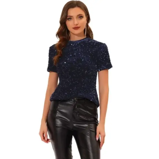 Allegra K Women's Sequin Velvet Crew Neck Short Sleeve T-shirt image {9}