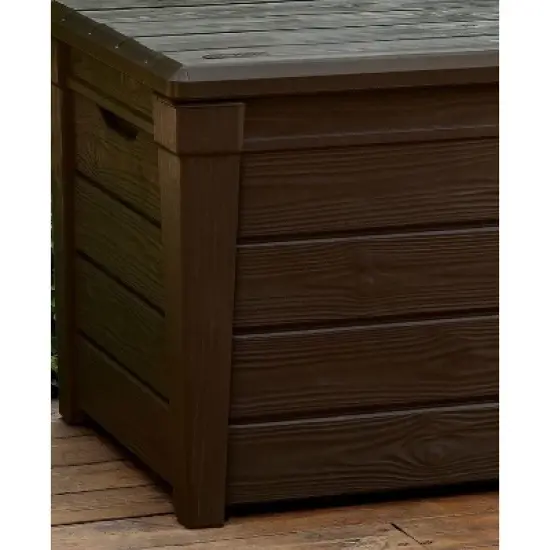 Keter Large 120 Gallon Waterproof All-Weather Resistant Wood Panel Outdoor Deck Garden Storage Box Bench - Brown image {1}