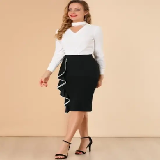 Allegra K Women's High Waist Ruffle Trim Split Work Office Pencil Skirts image {2}