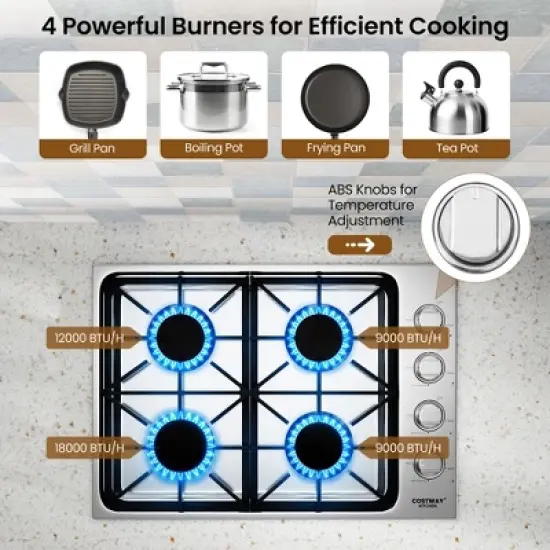 Costway 30" Gas Cooktop with 4 Sealed Burners ABS Knobs Cast Iron Grates Easy Cleaning image {5}