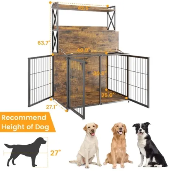 42.5 Inch Dog Crate with Storage Shelves, Large Wooden Dog Kennel End Table with Flip Top, Movable Divider, 3 Doors, Indoor Dog Cage image {2}