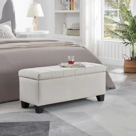 Entryway Bench Upholstered Storage Rectangular Bench, Bedroom Bed End Bench Bed Foot, Entryway Bench Light Beige Linen Fabric Plaid White image {2}