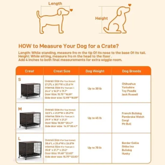 Dog Crate Furniture for Large Dogs - 38.6" Wooden Dog Kennel with Double Doors, Removable Tray, Wheels & Side End Table image {5}