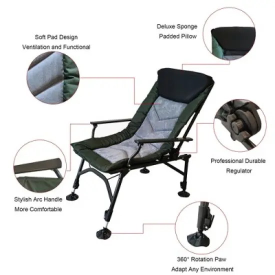 Camping Lounge Chair, Portable Folding Reclining Camping Chair with Adjustable backrest for Indoor and Outdoor Camping Hiking Fishing,Green+black+grey image {6}