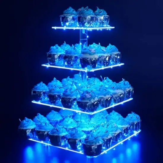 Hachikiko 4 Tier Acrylic Cupcake Stand with Blue LED Light String - Large Cupcake Tower for Weddings, Birthdays, Afternoon Tea，Pastry Display Holder image {6}