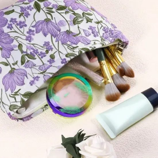 Unique Bargains Travel Canvas Floral Zipper-Closure Purple 1 Pc image {1}