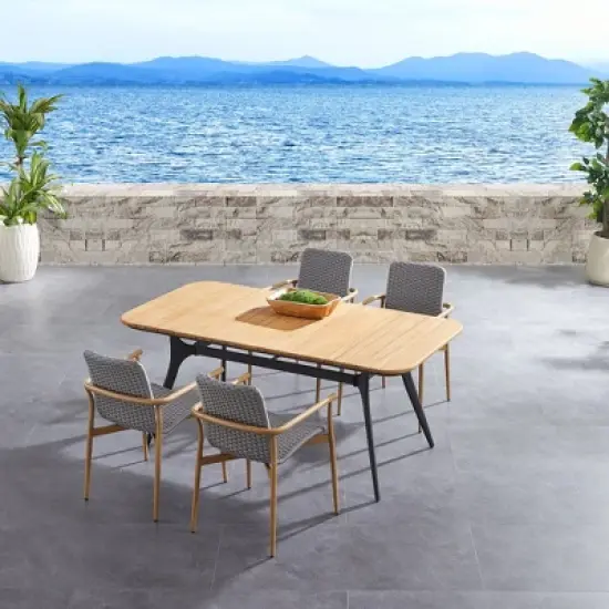 Decksplore 4/6 Person Rectangular Outdoor Dining Set, Teak Outdoor Dining Set with Rectangular Table & Umbrella Hole Non-Extension image {1}