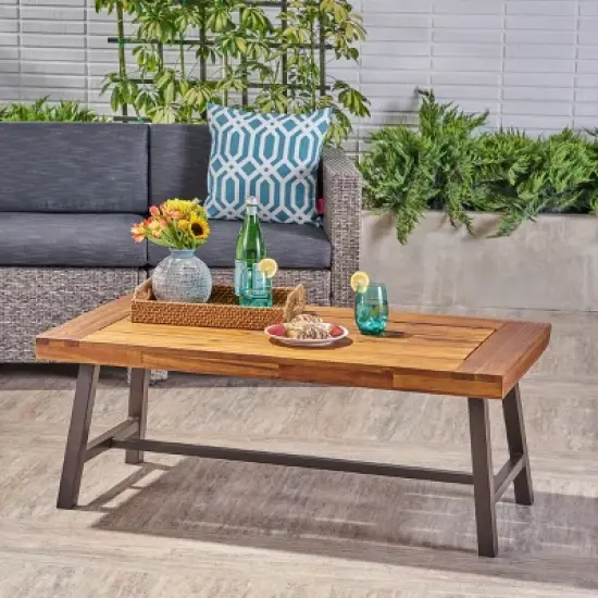 CAVINAS 45.75 Inch Rectangle Patio Table,Outdoor Dining Table with Acacia Wood Tabletop and Slat Paneling for Porch Backyard Balcony,Natural image {9}