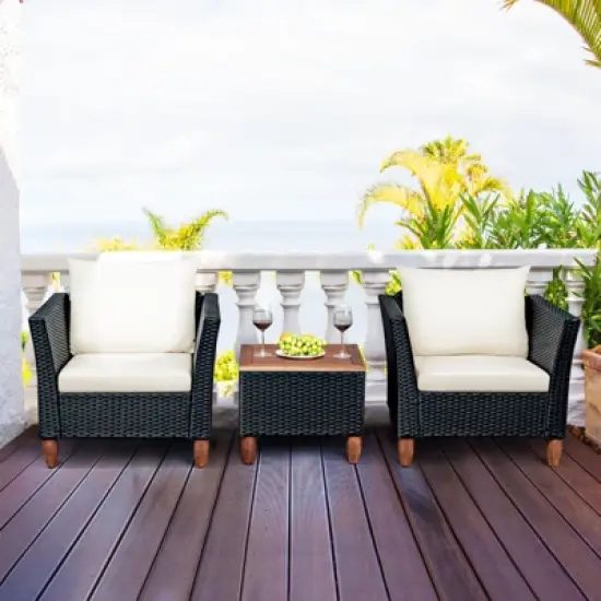 Tangkula 3-Piece Wicker Patio Furniture Set Outdoor Conversation Set w/ Cushions & Coffee Table image {1}