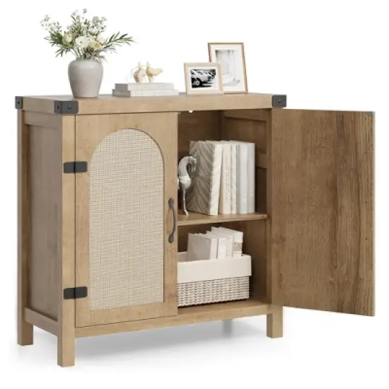 Rattan Sideboard Buffet Cabinets with Storage, Farmhouse Storage Cabinet, Wooden Coffee Bar Cabinet for Kitchen, Dining Room, Living Room image {6}