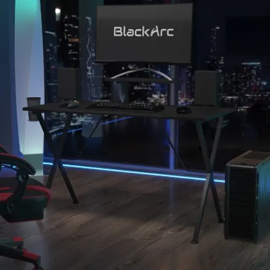 BlackArc Gaming Desk with Laminate Top and Steel Frame - Detachable Cupholder, Headphone Hook & Smartphone/Monitor Stand image {1}