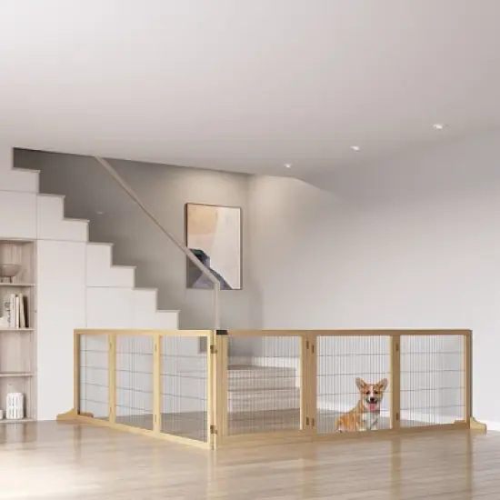 PawHut Wooden Dog Gate, 6-Panel Foldable Freestanding Pet Safety Barrier with Support Feet for House, Doorway, Stairs, Small and Medium Dogs image {1}