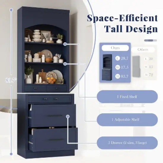 APRILSOUL Blue Modern Kitchen Pantry, Freestanding Tall Kitchen Hutch with Faux Marble Top, Display Cupboard Cabinet with 5 Storage Drawers image {8}