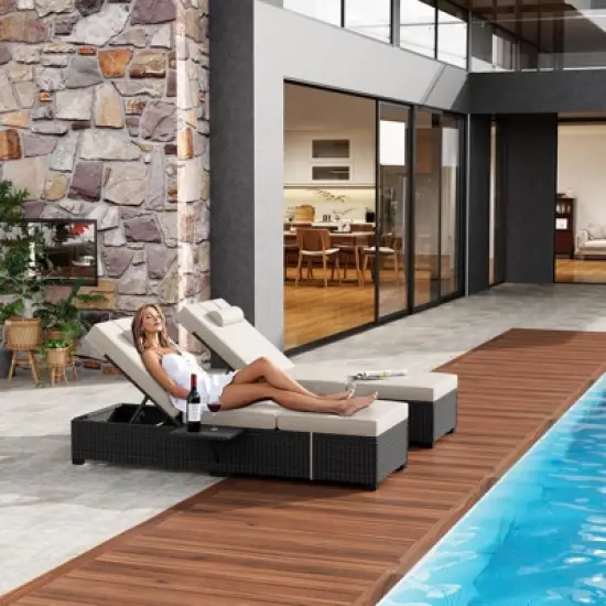 Garvee Outdoor PE Wicker Chaise Lounge Chairs Set of 2 Patio Brown Rattan Reclining Chair Adjustable Backrest Pool Sunbathing Recliners image {5}