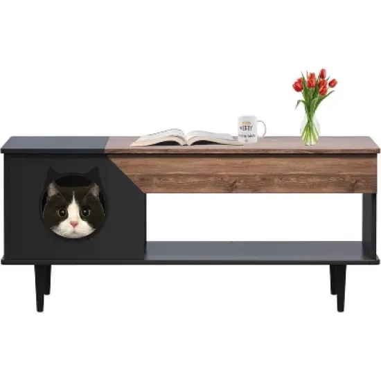 45'' Cat Litter Box Enclosure Furniture with Storage Drawer and Cat Door, Hidden Kitty Washroom Coffee Table for Living Room, White/Black image {3}