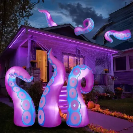 Joyfy 3 Pcs Halloween Inflatable Outdoor Decorations, Purple Octopus Tentacle with Built-in LEDs Broke Out from Window for Halloween Window Roof Decor image {5}