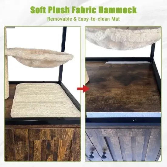 Litter Box Enclosure, Wooden Metal Frame Hidden Cat Washroom On Wheels with Hammock, Cat Tree with Litter Box Furniture, Cabinet image {3}