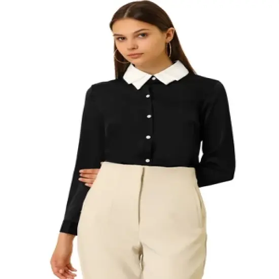 Allegra K Women's Work Tops Long Sleeve Contrast Collar Satin Button Down Shirt image {6}
