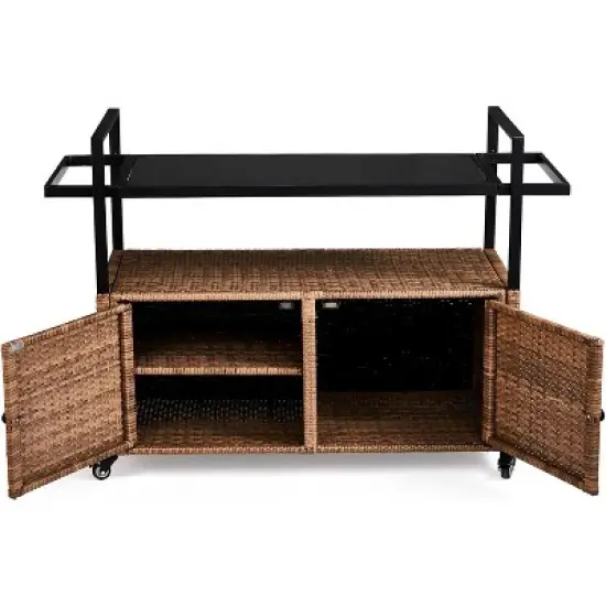 Wicker Outdoor Bar Cart with Storage and Wheels, Outdoor Bar Table Serving Cart Rattan Bar Cart with Glass Top and Shelf for Pool, Party image {4}