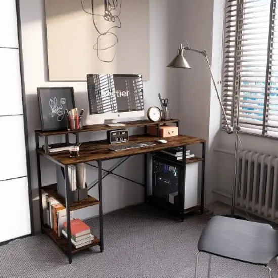 Bestier 55'' Computer Desks with Reversible Bookshelf, Standing Writing Desk for Home Office/Studying/Gaming image {12}