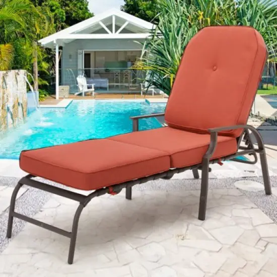COWLOWN Orange Adjustable Outdoor Chaise Lounge Chair, Patio Recliner with Armrest and Cushion, Ideal for Deck, Poolside, Backyard image {6}