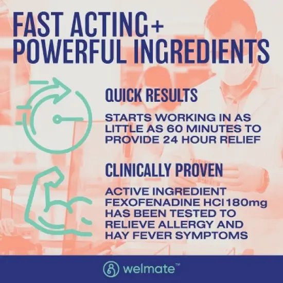 WELMATE 24 Hour Allergy Relief Tablets - Fexofenadine HCl 180mg 100ct image {3}