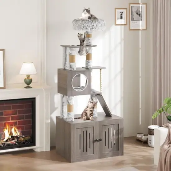 67 Inch Cat Litter Box Enclosure with Cat Tree Tower, Condo with Perch & Scratching Posts - Plush Nest, Multi-Tier Play & Rest image {7}