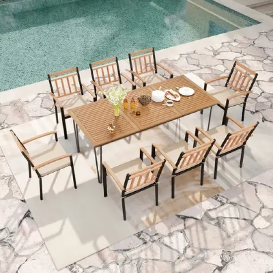 Tangkula 9 PCS Patio Dining Set w/ Rectangular Acacia Wood Dining Table 8 Cushioned Chairs image {2}