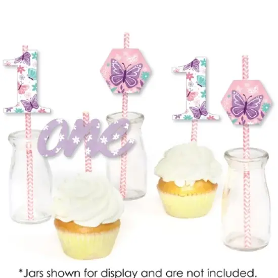 Big Dot of Happiness 1st Birthday Beautiful Butterfly - Paper Straw Decor - Floral First Birthday Party Striped Decorative Straws - Set of 24 image {3}
