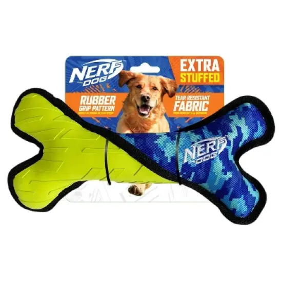 NERF Tuff Rubber Nylon Plush Bone Ploy Filled Dog Toy - Green/Blue - 11" image {3}