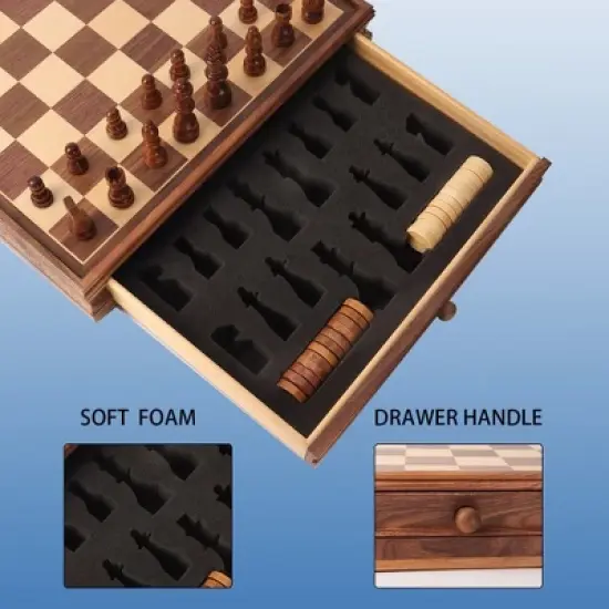 GSE 15" Large Wooden 2-in-1 Chess and Checkers Board Game Combo Set with Drawer, Chess Checker Game Set image {4}