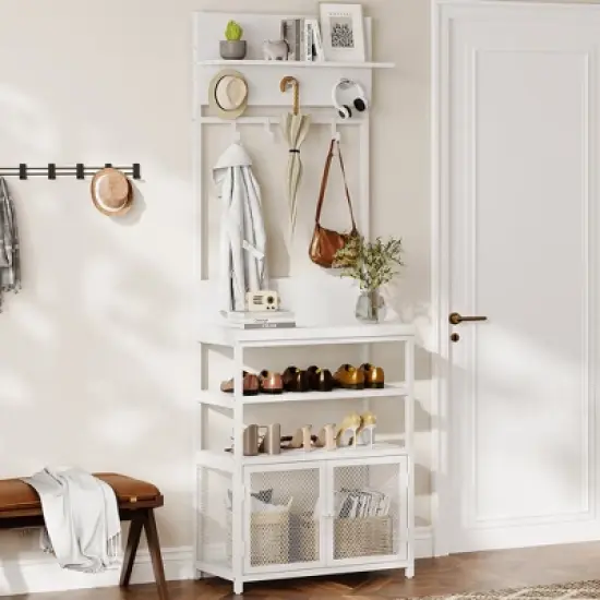 Coat Rack Shoe Storage White Hall Tree with Doors 72.8in Narrow Coat Tree Shoe Shelf Organizer with 7 Hooks image {1}