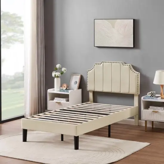 VECELO Upholstered Platform Bed Frame with Tufted Adjustable Headboard, Mattress Foundation, Wood Slat Support, Bed Frame image {6}