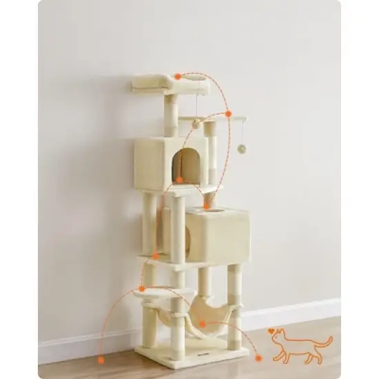 61"/75.2"H Cat Tree Cat Tower for Indoor Cats, Plush Multi-Level Cat Condo with Scratching Posts, Perches, Caves, Hammock image {3}