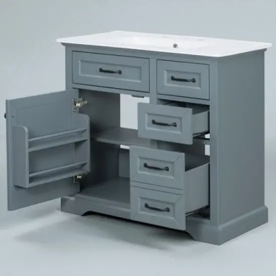 36" Bathroom Vanity with Ceramic Sink, Soft-Close Drawers & Door Organizer, Freestanding Vanity Wood Cabinet with Storage image {6}