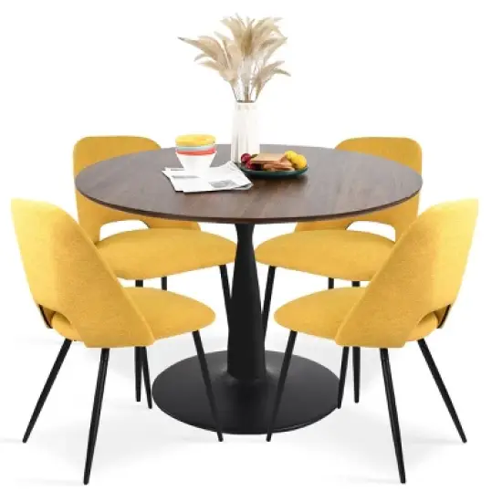 Harold+Edwin 5-Piece Walnut Foil  Round Top Pedestal Dining Table Set with 4 Upholstered Chairs -The Pop Maison image {3}