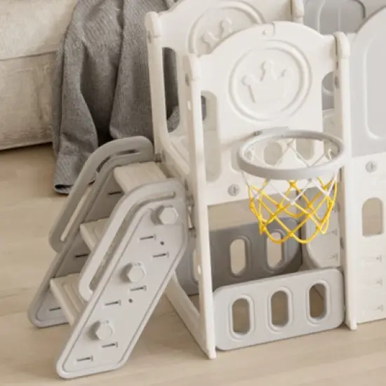 INFURNIC Baby Activity Gyms, Kids Play Set with Basketball Hoop and Extra long aisle, for Outdoor or Indoor Playground, Gray, 102.1"*25.6"*44.5" image {4}