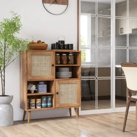 Costway Rattan Buffet Sideboard Accent Storage Cabinet Coffee Bar Cabinet Doors Cubbies image {1}