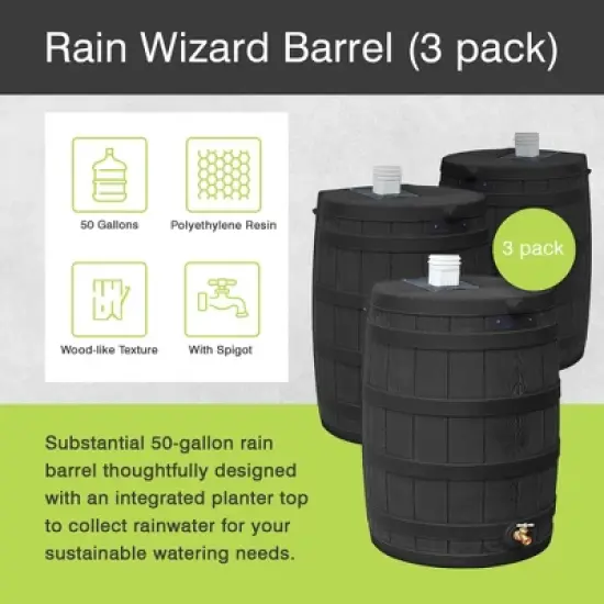 Good Ideas Rain Wizard 50 Gallon Plastic Outdoor Home Rain Barrel Water Storage Collector with Brass Spigot and Flat Back Design, Oak (3 Pack) image {1}