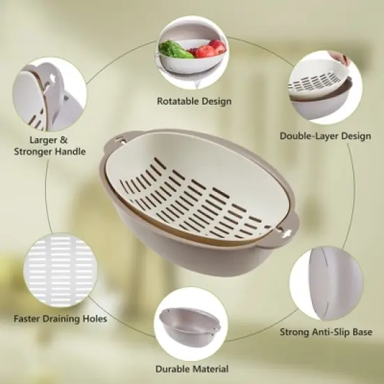 VECELO 2 In 1 Colander Strainer with Bowl Set, Fruit Vegetable Washing Colanders & Food Strainers, Double Layer Colander for Kitchen, Gray image {7}