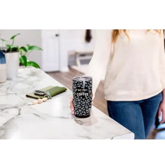 100 North 20 Ounce Stainless Steel On the Go Travel Tumbler With Push Top Lid, First I Need Coffee Black image {3}