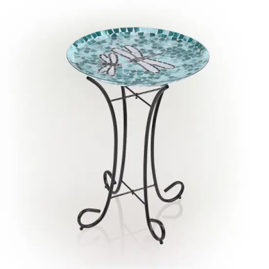 23" Outdoor Mosaic Dragonfly Glass Birdbath Bowl with Metal Stand Turquoise Green - Alpine Corporation image {3}