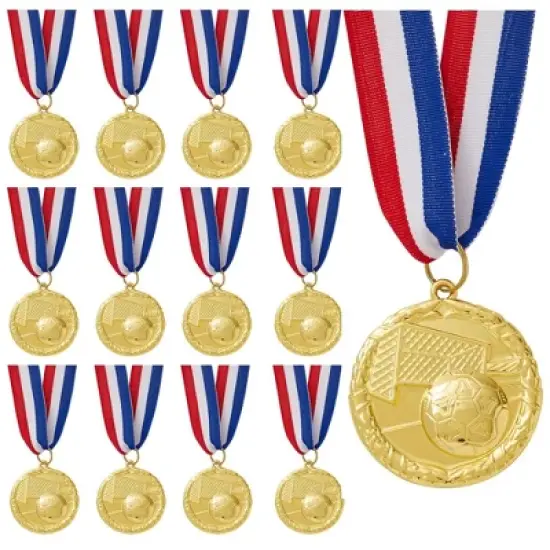Juvale 12 Pack Soccer Award Medals Adults - Durable Red, White, and Blue 15.5" Ribbon (2 In, Metal, Gold) image {7}