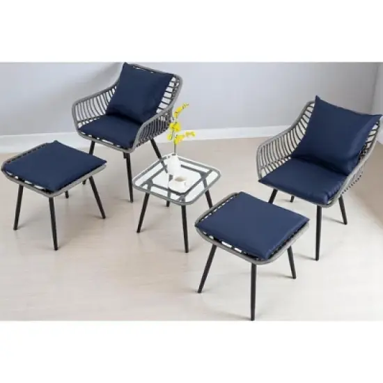 5-Piece Patio Bistro Set with Ottoman, Outdoor Wicker Furniture with Tempered Glass Table, Chairs and Footrests for Balcony, Porch, or Poolside image {12}