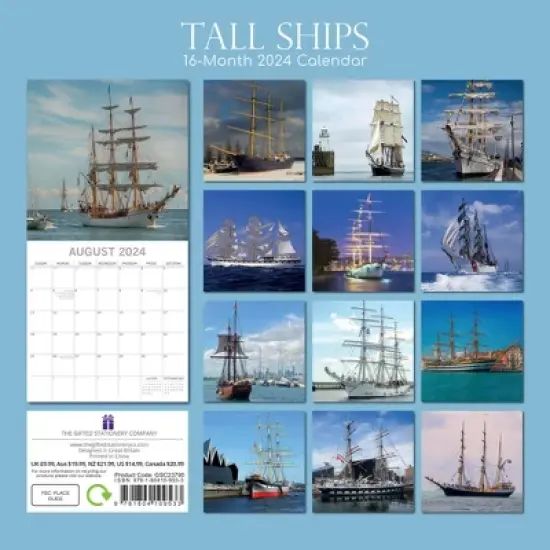 The Gifted Stationery 2024 Square Wall Calendar, Tall Ships, 16-Month Transport Theme with 180 Reminder Stickers (12x12 In) image {3}